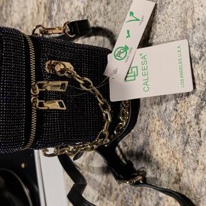 Chic Black and Blue Beaded Mini Bag With Crossbody Strap.